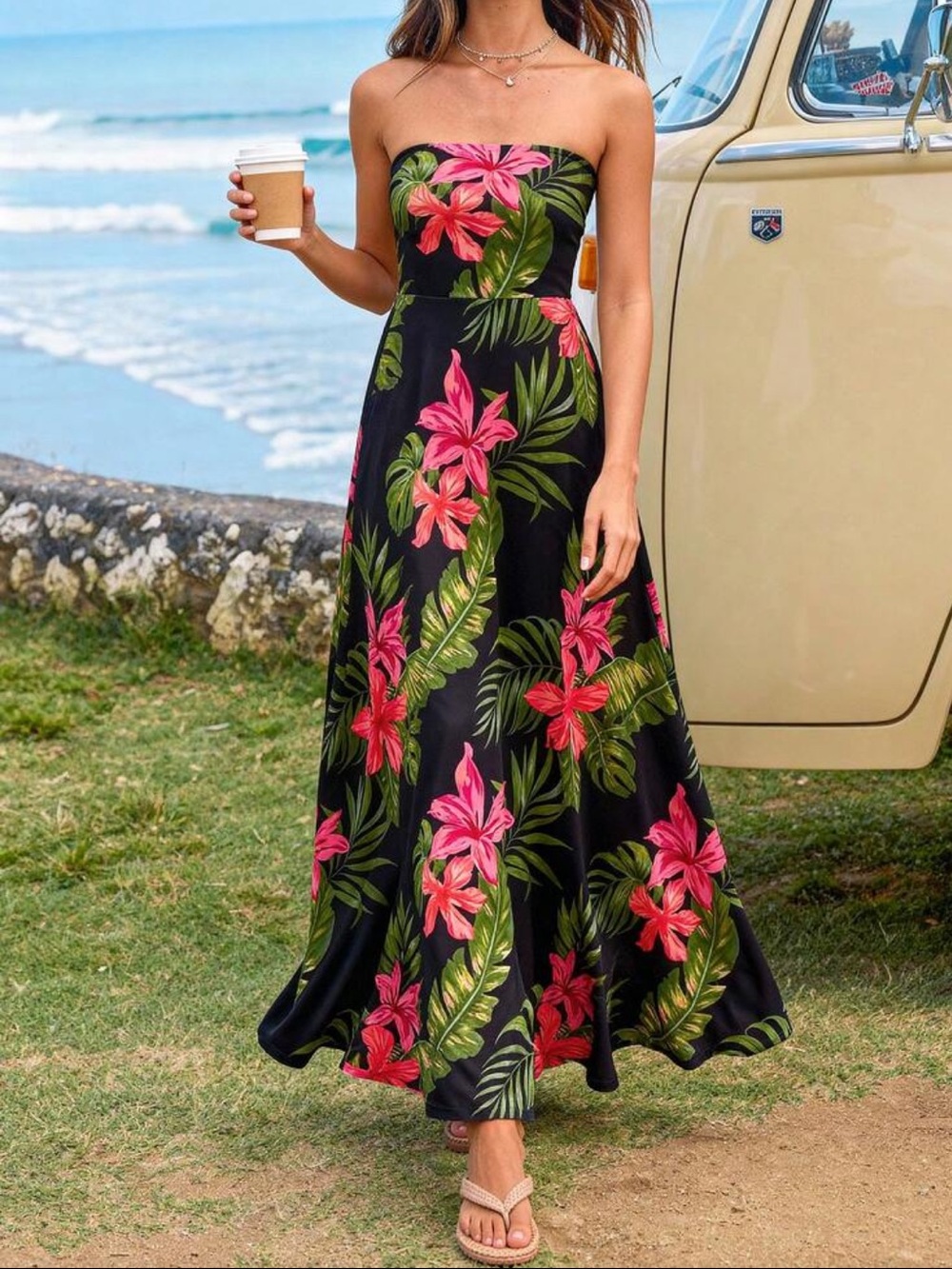 Strapless Black and Pink Tropical Maxi Skirt